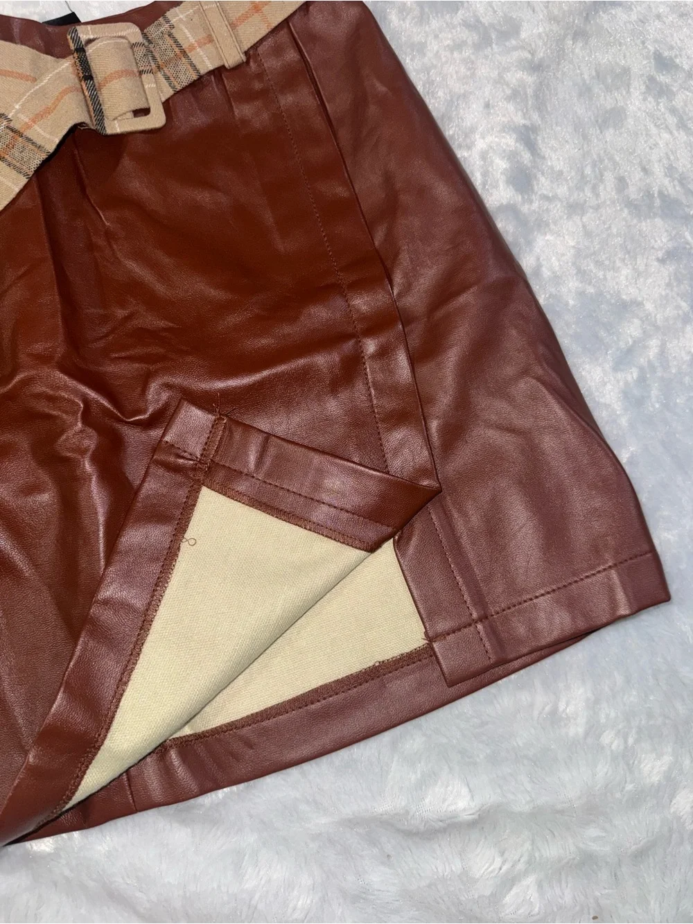 Faux Leather Mini Skirt with Plaid Belt - Burgundy
